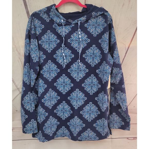 St John's Bay Active Large Blue/Navy Medallion Long Sleeve Hooded Shirt - Picture 2 of 5